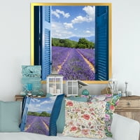 Designart 'vedere a câmpului de lavandă prin fereastra albastră deschisă a cabanei' imprimare de artă încadrată la fermă