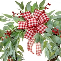 Timp De Vacanță Fructe De Pădure Roșii, Frunze Mată, Arc Roșu Alb Ne-Aprins 24 Coroană De Crăciun