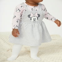 Rochie Disney Minnie Mouse Baby Girls Pinafore, Top cu mâneci lungi și set de colanți, 3 piese, dimensiuni 0 3 luni