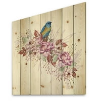Designart 'Pasăre albastră așezată pe Boquet colorat de flori' imprimeu tradițional pe lemn Natural de pin