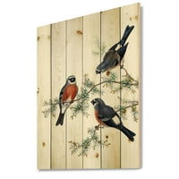 Designart 'Vintage rural Birds On Branch III' imprimare fermă pe lemn Natural de pin