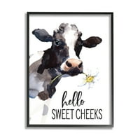 Stupell Industries Hello Sweet Cheeks Country Cow bovine Holding Flower Graphic Art Black Framed Art Print Wall Art, Design cu litere și căptușite