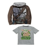 Baby Yoda Boys tricou grafic cu glugă cu mânecă lungă și mânecă scurtă, pachet 2, mărimi 4-18