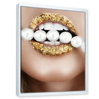 Designart 'Frunze De Aur Buze Gura Cu Perle' Moderne Înrămate Panza Arta De Perete Imprimare