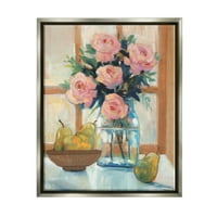 Stupell Industries trandafiri roz proaspeți și fructe bucătărie fereastră scenă pictură luciu Gri Floating Framed Canvas Print